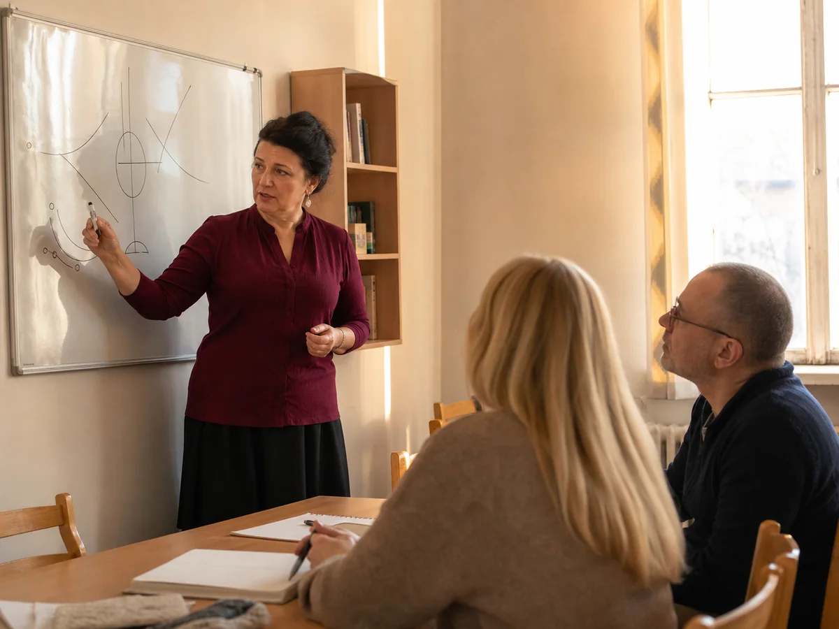 A mentor of the Academy explains the Magister Block programme to students
