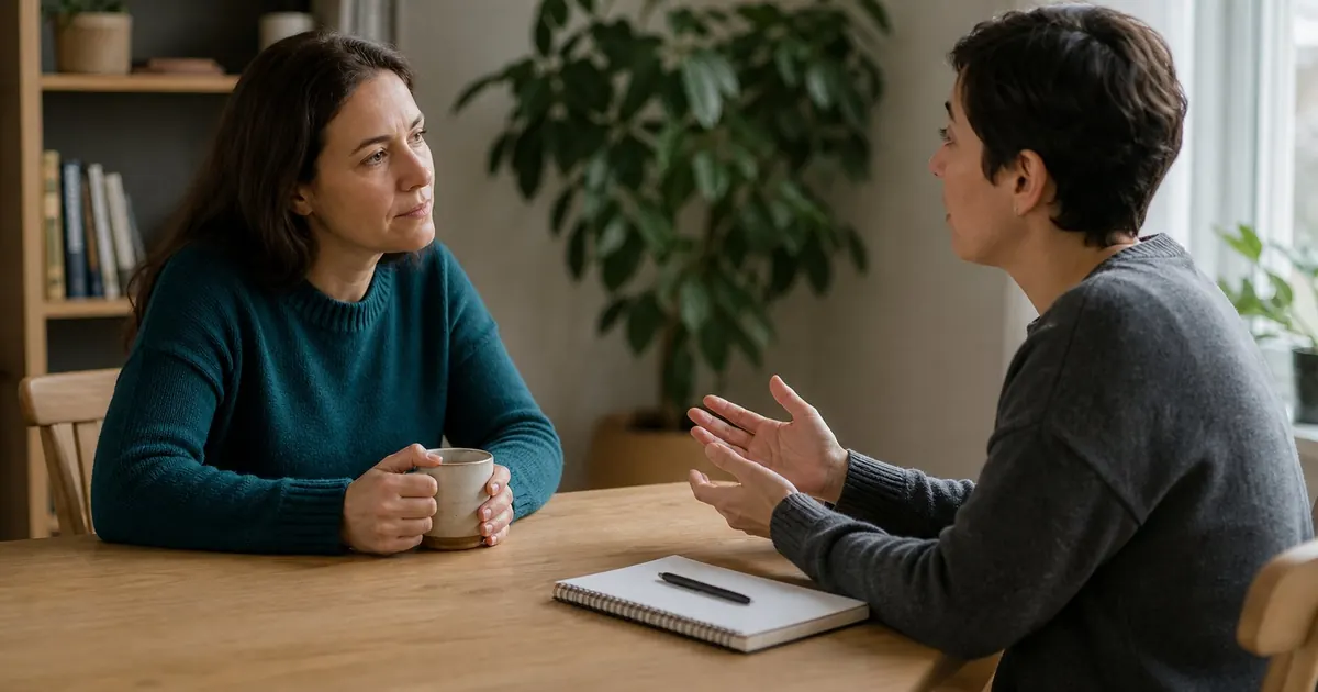 Two people talking at a table — the course for people in the helping professions