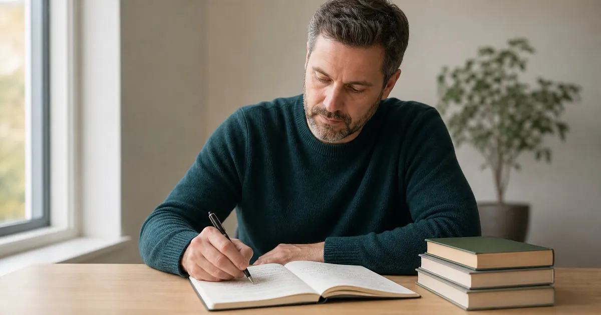A man writing in a notebook — planning the path through the eight levels