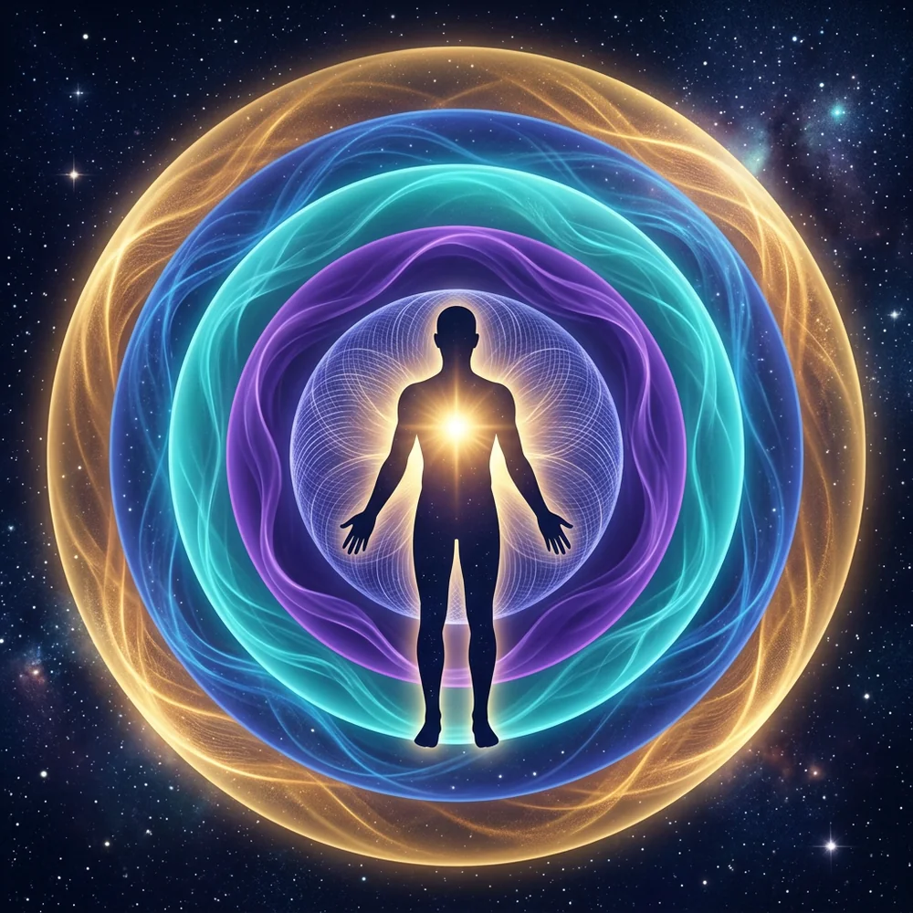The human energy field — the seven layers of the aura around a silhouette